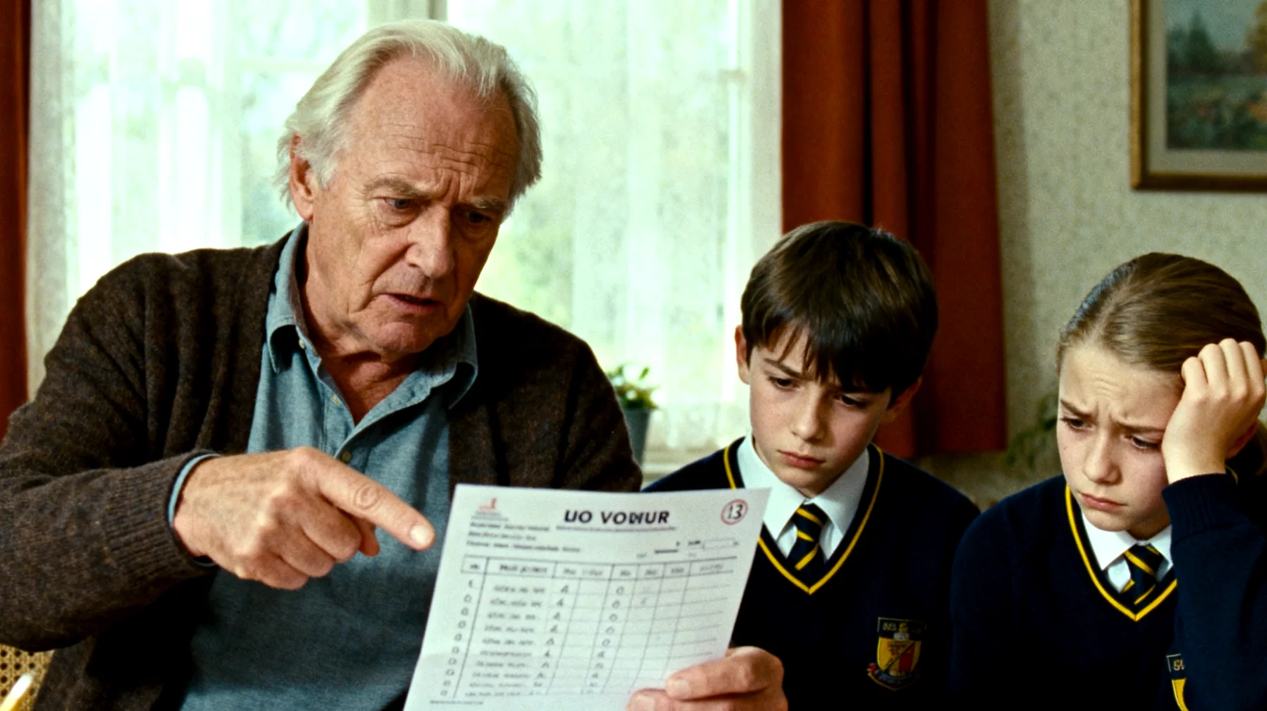 Opa legt te veel druk op zijn kleinkinderen door hoge verwachtingen te stellen op school-, sport- en prestatiegebied, waardoor de kleinkinderen stress ervaren en de relatie onder druk komt te staan."