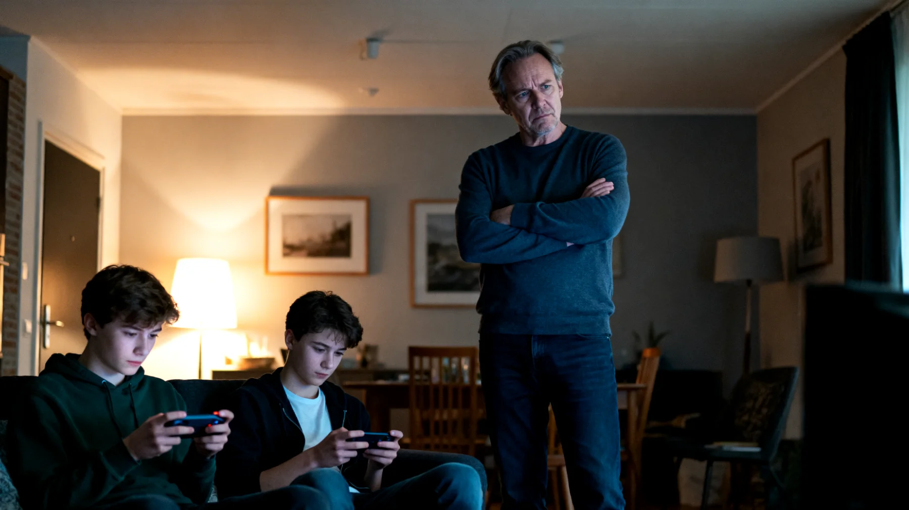 Vader worstelt met het beperken van overmatig smartphone-, tv- en videogamegebruik bij zijn jongvolwassen kinderen, wat leidt tot conflicten en zorgen over hun welzijn en toekomst"