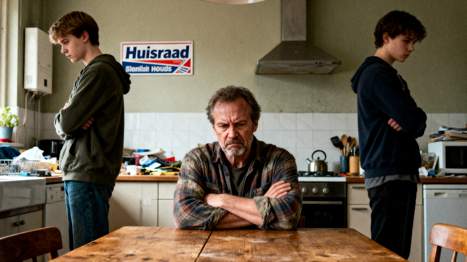 Vader heeft moeite om regels en grenzen te stellen bij zijn jongvolwassen kinderen, wat leidt tot conflicten over verantwoordelijkheden, verwachtingen en wederzijds respect in de overgang naar volwassenheid"